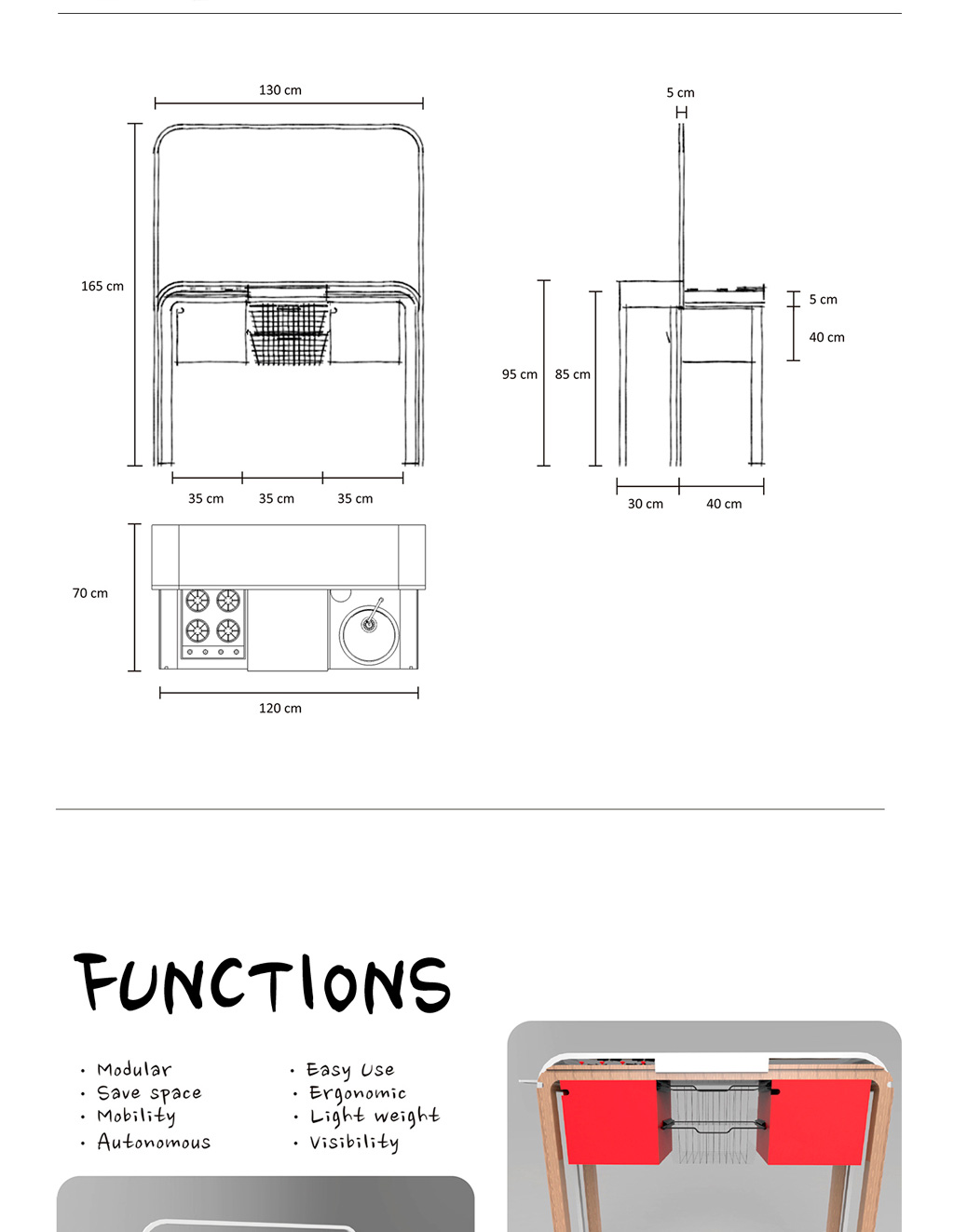 Front, lateral and top view of the kitchen