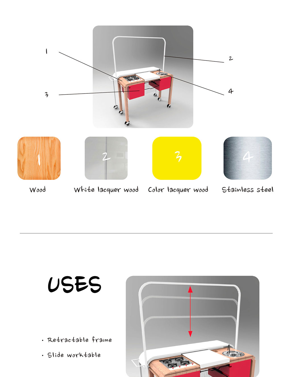 Materials as wood, color and white lacquer wood and stainless steel